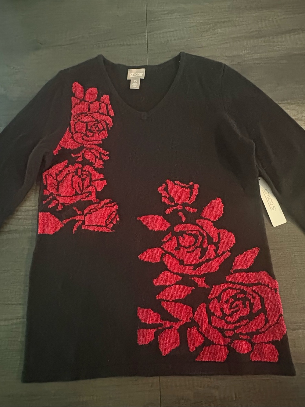 Chico's Black V-Neck Sweater with Red Rose Motif